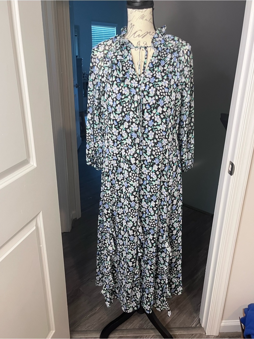 Karl Lagerfeld Black Floral Tie-Neck Maxi Dress with Blue and White Blossoms